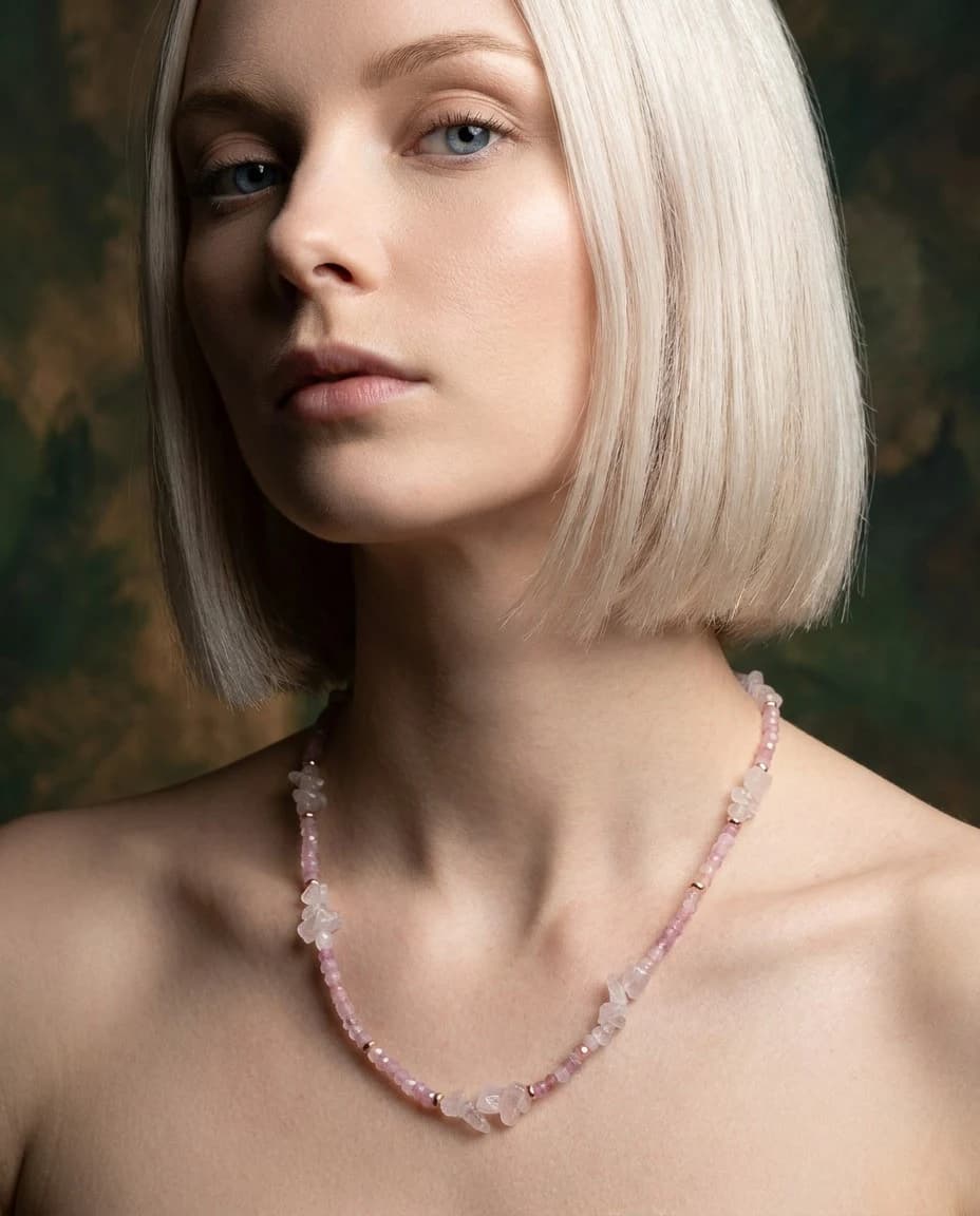 Collana quarzo rosa a chips, giada lavanda e ematite rosa — foto 1