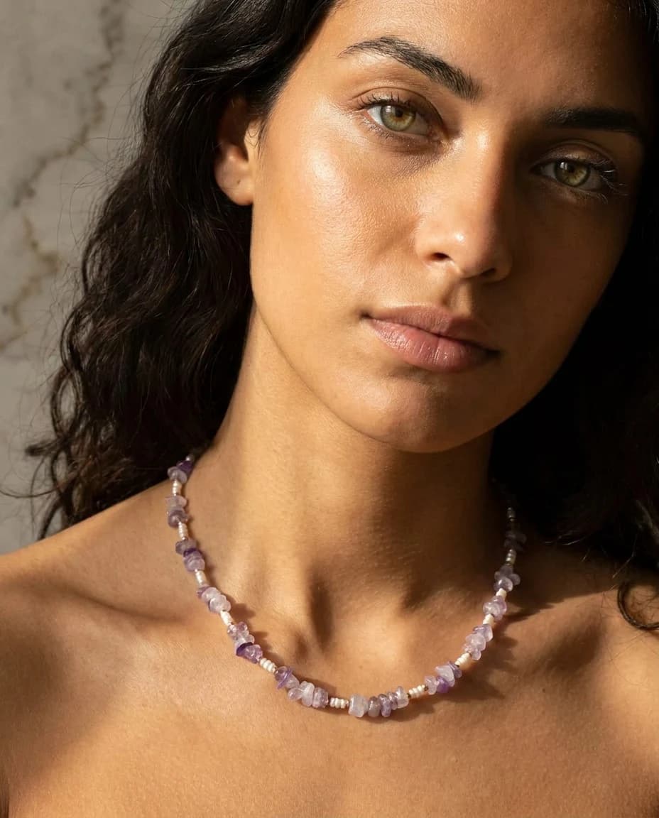 Collana ametista a chips, perle d'acqua dolce e ematite rosa — foto 1