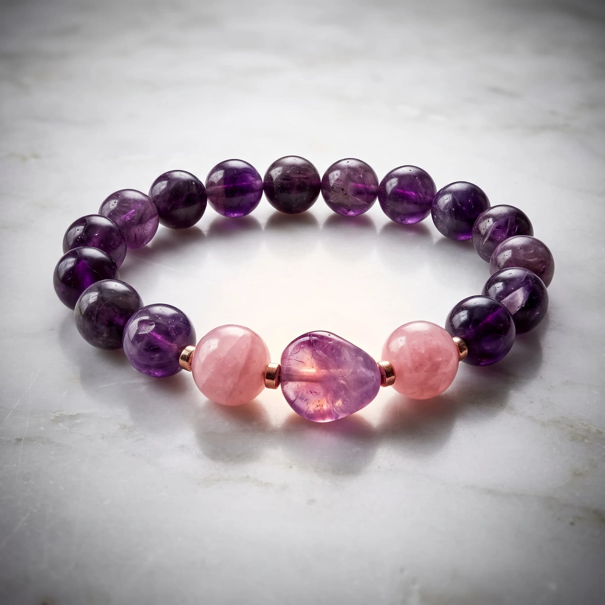 Bracciale elastico ametista, quarzo rosa e ematite rosé — foto 2